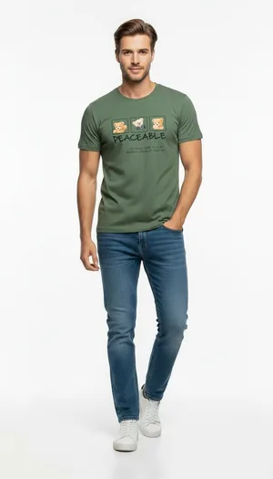 Erkek Günlük Stil Baskılı T-Shirt - Yeşil