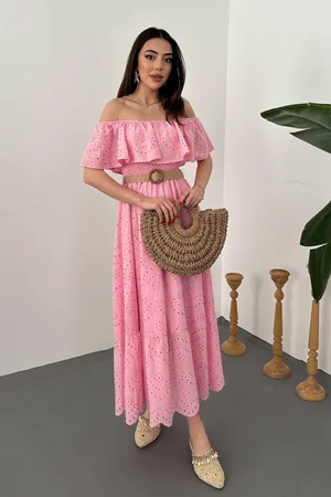Pembe Madonna Yaka Fisto Elbise - Pembe