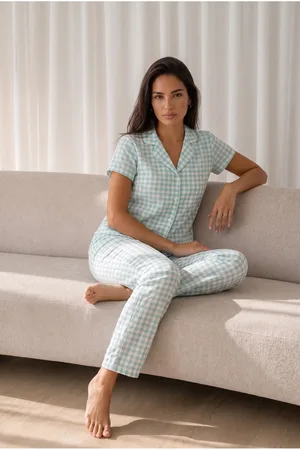 Kadın Loose Uzun Paça Pamuk Su Yeşili Pijama Takımı