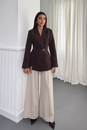 Kahverengi Belden Oturtmalı Blazer Ceket