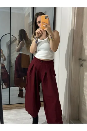 Double Atlas Kumaş Pileli Paça Lastikli Pantolon - Bordo