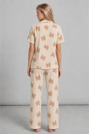 Kadın Kısa Kol Desenli Ekru Pijama Takımı 4739