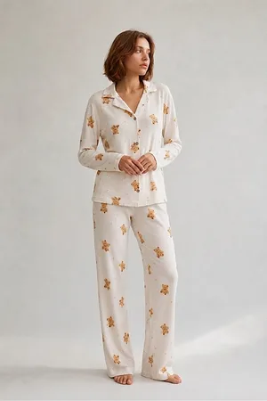 Kadın Gömlek Yaka Düğmeli Gece Giyimi Beyaz Pijama Takımı