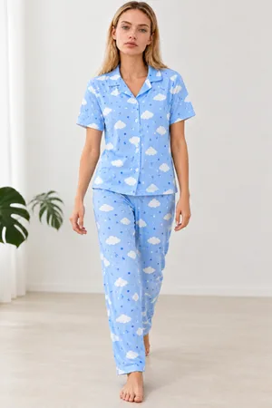 Kadın Desenli Mavi Kısa Kollu Pijama Takımı 4832
