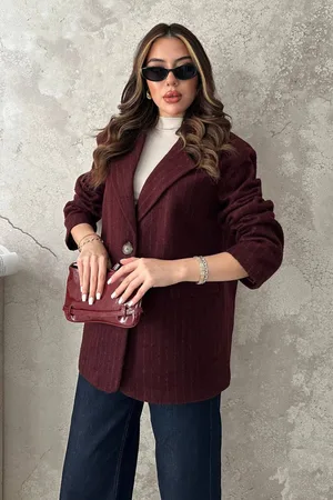 Bordo Çizgili Yün Ceket