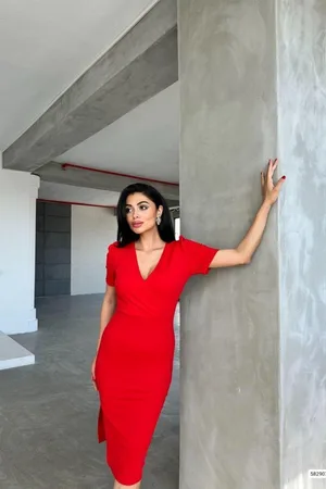 Kruvaze Yaka Kısa Abiye Elbise Kollu Yırtmaçlı