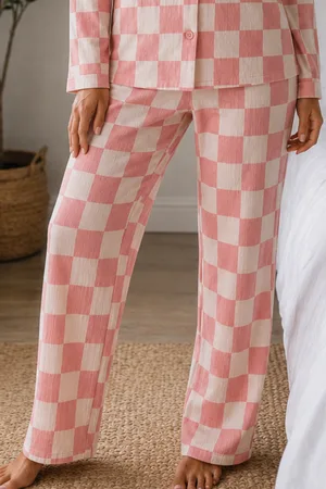Kadın Örme Gömlek Yaka Pembe Pijama Takımı