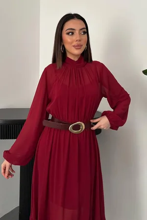 Bordo Eteği Fırfırlı Şifon Elbise