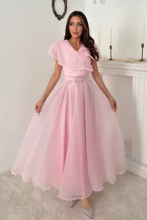 Pembe Pelerin Detaylı Organze Elbise