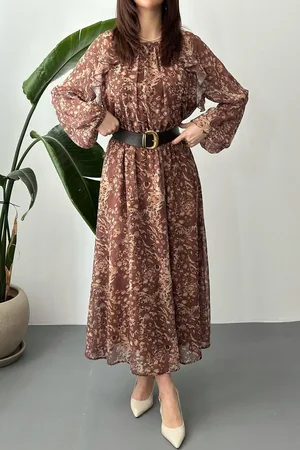 Kahverengi Fırfırlı Şifon Elbise
