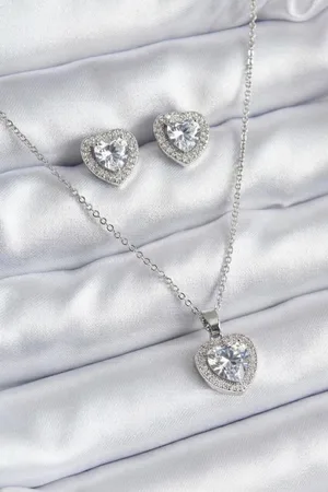 316L Steel Chain Silver Color Zircon Stone Heart Model Women's Necklace Earring Set