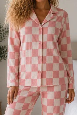 Kadın Örme Gömlek Yaka Pembe Pijama Takımı