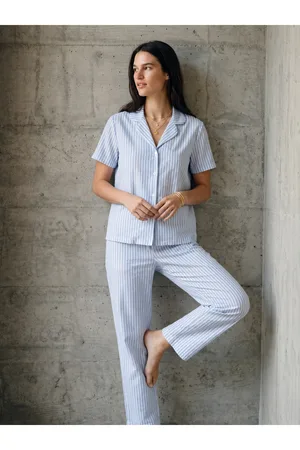 V Yaka Düğmeli Casual Mavi Pijama Takımı