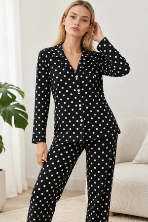Kadın Gömlek Yaka Desenli Siyah Pijama Takımı 4812