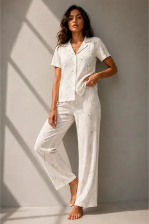Kadın Klasik Doğal Düğme Gece Çok Renkli Pijama Takımı