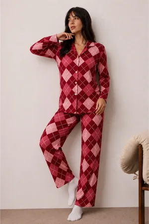 Kadın Düğmeli Kışlık Ev Kırmızı Pijama Takımı