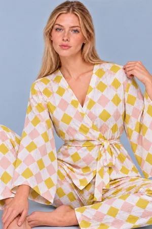 Kadın Kruvaze Kuşaklı Sarı İkili Pijama Takımı 4804