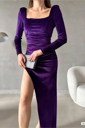 Kadife Yaka Kare Abiye Kumaş Elbise Maxi Yırtmaçlı