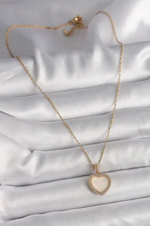 316L Çelik Gold Renk Zincir Zirkon Taşlı Beyaz Mineli Kalp Model Kadın Kolye