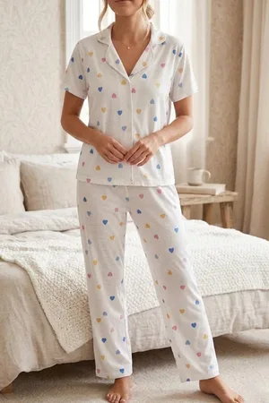 Renkli Kalp Desenli Düğmeli Kısa Kollu Pijama Takımı 4591 Kar Beyaz