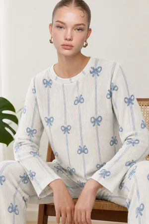 Kadın Desenli Nefes Alan Ekru Pijama Takımı 4690