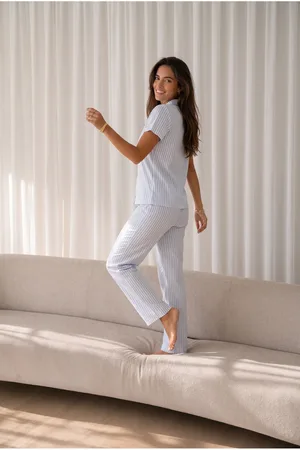 Kadın Loose Uzun Paça Pamuk Mavi Pijama Takımı