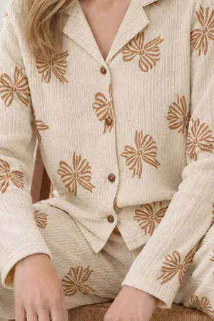 Kadın Uzun Kol Rahat Krem Pijama Takımı 4759
