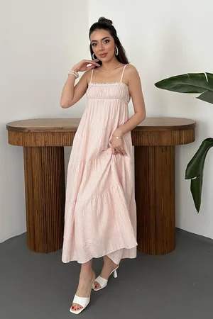Pembe Askılı Parçalı Çizgili Müslin Elbise