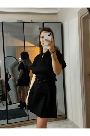 ZR Model Gabardin Kumaş Kemerli Mini Elbise - Siyah