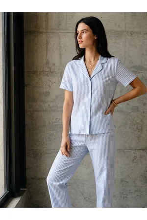 V Yaka Düğmeli Casual Mavi Pijama Takımı