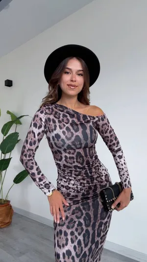 Tek Omuz Leopar Desenli Midi Elbise - Leopar