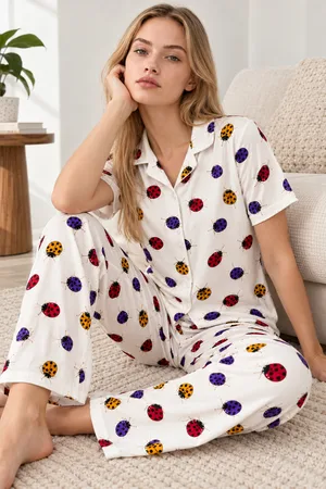 Kadın Desenli Beyaz Kısa Kollu Pijama Takımı 4828
