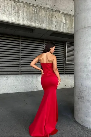 Esnek Straplez Likralı Abiye Maxi Kumaş Elbise
