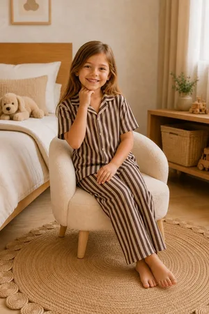Kız Çocuk Çizgili Gecelik Kahve Pijama Takımı