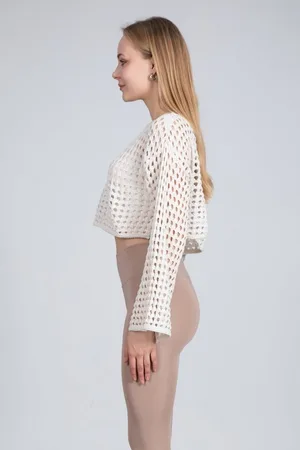 Ekru Ajurlu Crop Bluz - Ekru