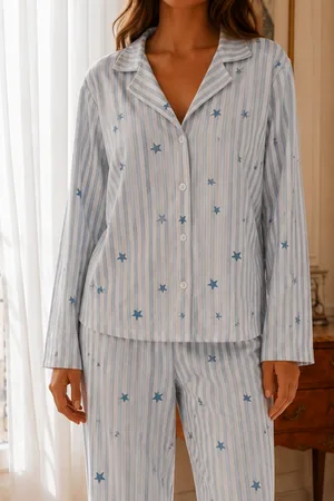 Kadın Relax Fit Düğme Mavi Pijama Takımı