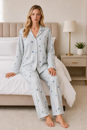 Kadın Casual Esnek Bol Mavi Pijama Takımı 4671