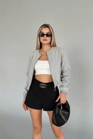 Kadın Ceket Crop Basic Gri Fermuarlı Koyu Bomber