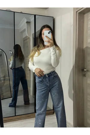 Ön Full Taşlı Wide Leg Koyu Kar Yıkama Pantolon - Mavi