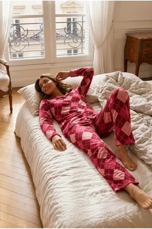 Kadın Relax Fit Düğme Kırmızı Pijama Takımı