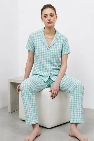 V Yaka Kapama Lastik Bel Su Yeşili Pijama Takımı