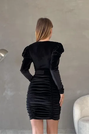 Esnek Yaka Kadife Abiye Kumaş Kemerli Elbise V