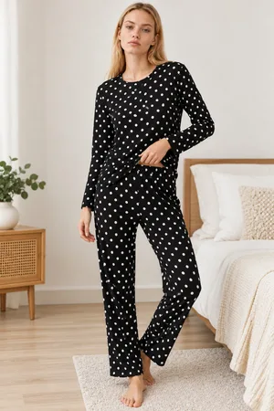 Kadın Desenli İkili Siyah Rahat Pijama Takımı 4814
