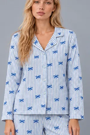 Kadın Gömlek Yaka Desenli Mavi Pijama Takımı 4816