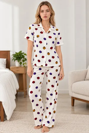 Kadın Desenli Beyaz Kısa Kollu Pijama Takımı 4828