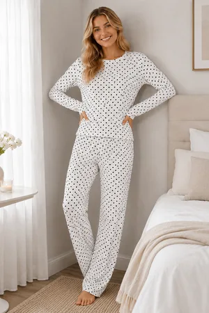 Kadın Kalpli Uzun Kol Rahat Pijama Takımı 4673 Beyaz