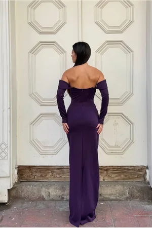 Dik Kollu Payetli Abiye Maxi Uzun Yaka Elbise
