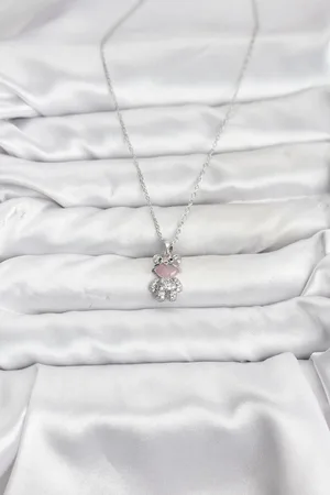 316L Çelik Zincir Gümüş Renk Teddy Bear Model Zirkon Taşlı Kadın Kolye