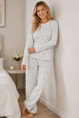 3'Lü Kadın Desenli Uzun Kollu Pijama Takımı Beyaz