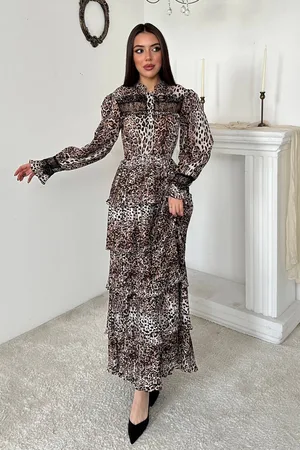 Leopar Pilise Detaylı Lastikli Elbise